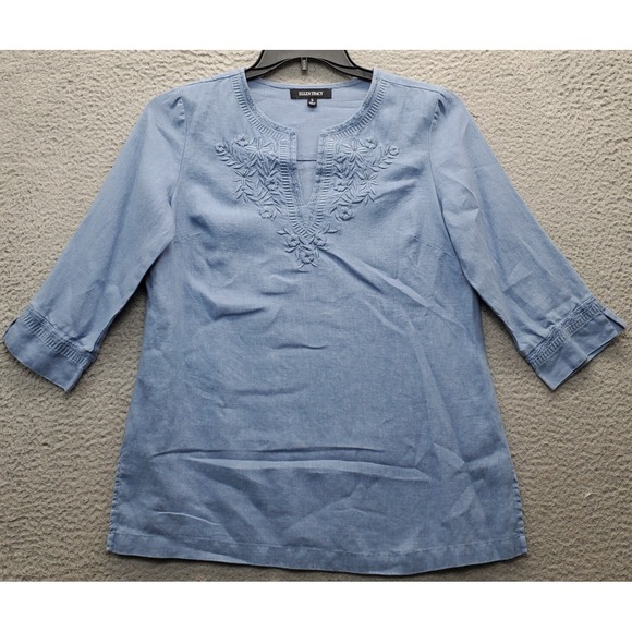 Ellen Tracy Tops - Ellen Tracy Tunic Top Women's S‎ Blue Embroidered Floral Cut V-Neck Slit Sleeve